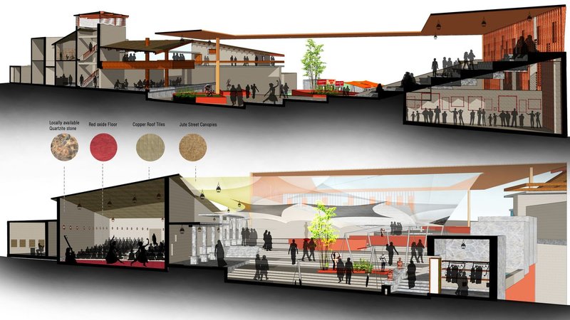 Longitudinal section highlighting materiality, climatic response, and the integration of culture into everyday movement.