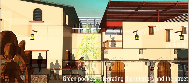 Green pockets acting as pause points, visually and spatially linking interior programs with the street.