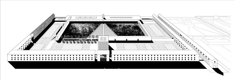 Perspective view emphasizing Rossi’s monumental enclosure and the central spine as an urban architectural device.