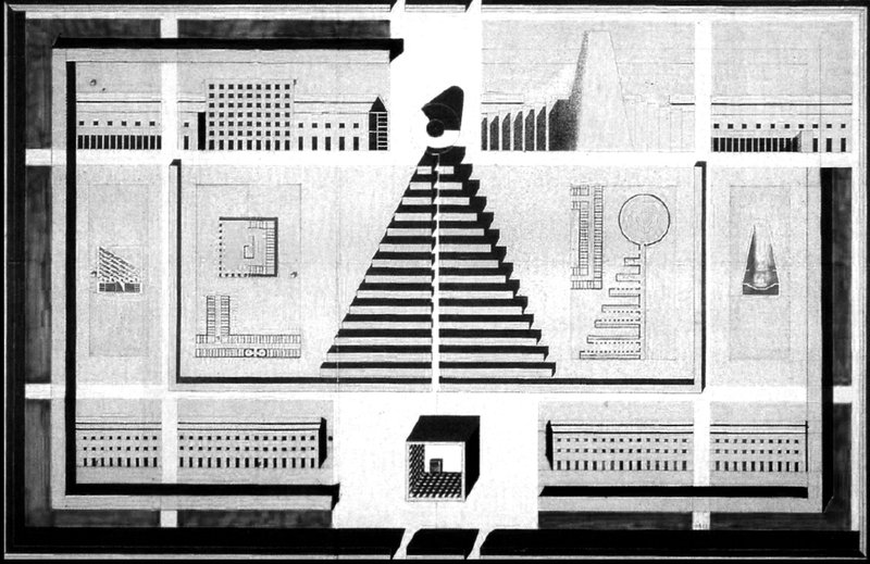 Original axonometric drawing of Aldo Rossi’s Modena Cemetery, expressing the archetypal geometry of the “city of the dead.