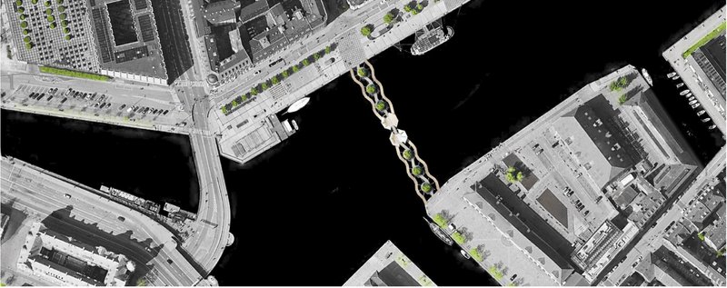 Aerial site plan showing the bridge’s connection between urban blocks and existing cycling infrastructure.