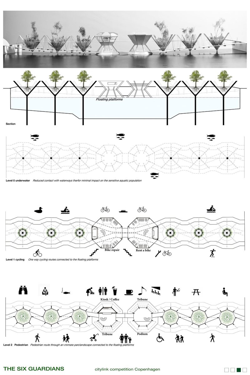Section and structural diagram illustrating floating platforms and minimal contact with the water ecosystem.