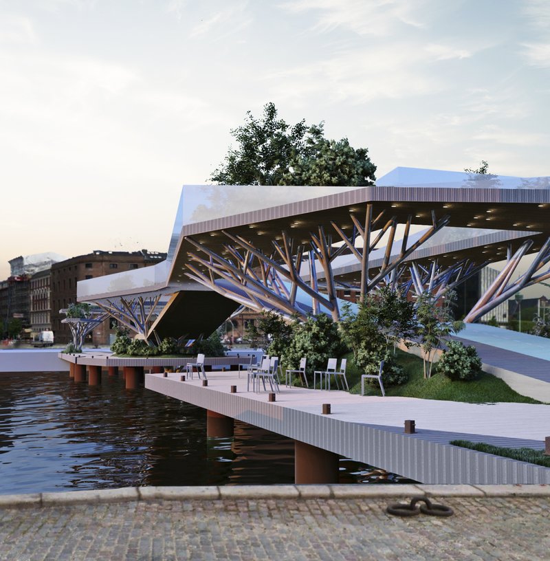 Waterfront platform with tree-like steel columns supporting a cantilevered deck with rooftop planting beds