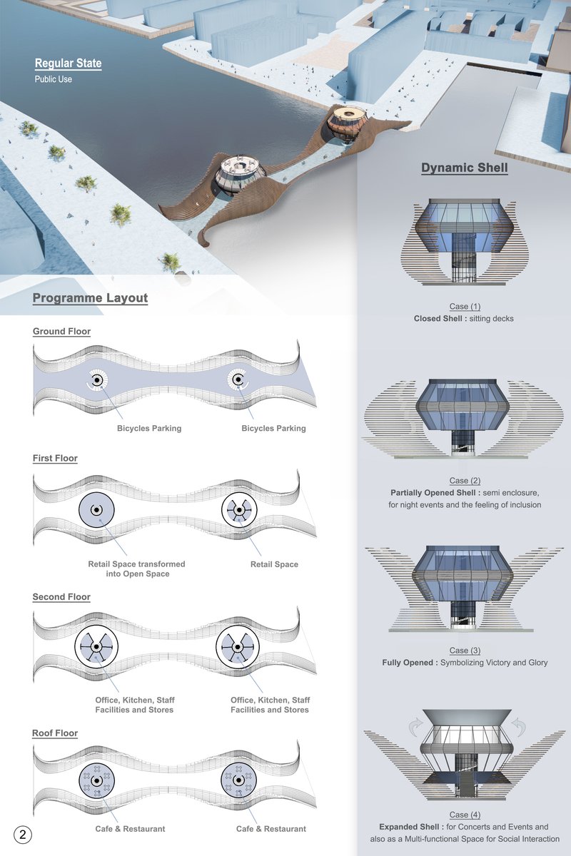 Overall urban bridge configuration showing public use zones and the dynamic shell system in its regular state.