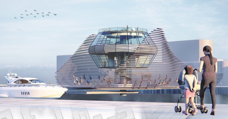 Perspective view of The Push as a living urban bridge, integrating cycling, pedestrians, and public life along the waterfront.