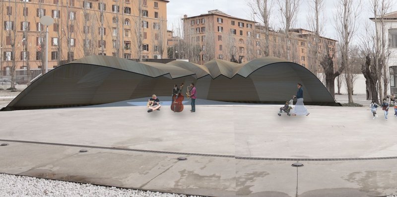 Full-scale visualization of the HIGROW pavilion, where hygroscopic wood shells form a lightweight, adaptive public structure.