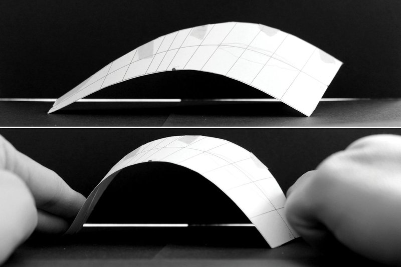 Hygroscopic response test showing controlled bending driven by moisture variation in wood fibers.
