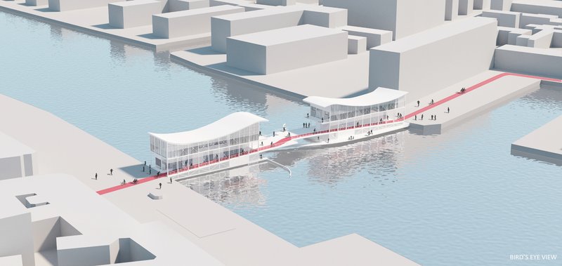 Bird's eye view rendering of the linear structure spanning the waterway between abstract white massing blocks