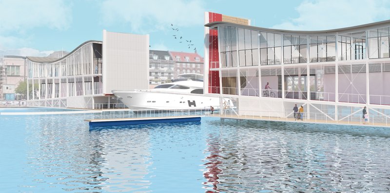 Waterside rendering showing the glass pavilions and ferry docked at the floating platform under blue sky