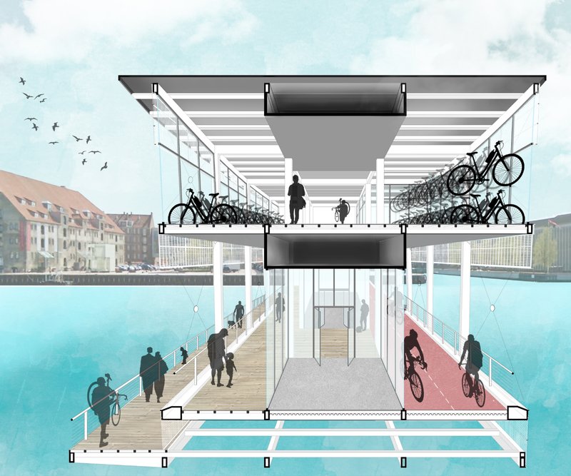Section drawing revealing the upper bike storage level and lower waterside pedestrian walkways with cycling lanes
