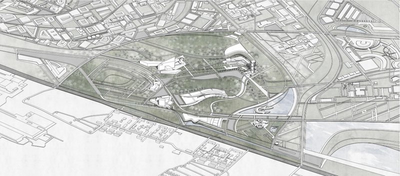 Site plan drawing showing multiple curved building volumes arranged within a landscaped park bordered by urban infrastructure
