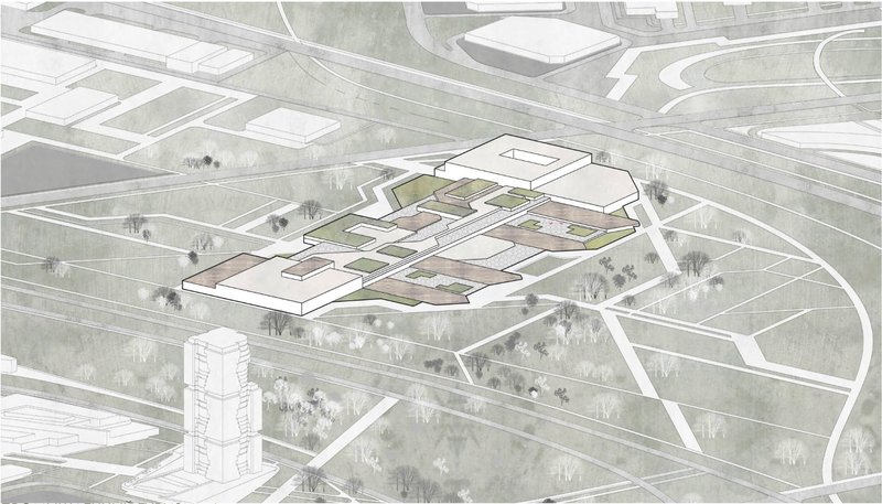 Aerial view drawing of a low-rise complex with terraced courtyards and pathways connecting through a tree-lined landscape