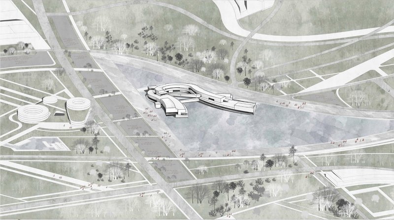 Aerial perspective rendering of a horizontal building with angular wings set within a vast public plaza dotted with pedestrians