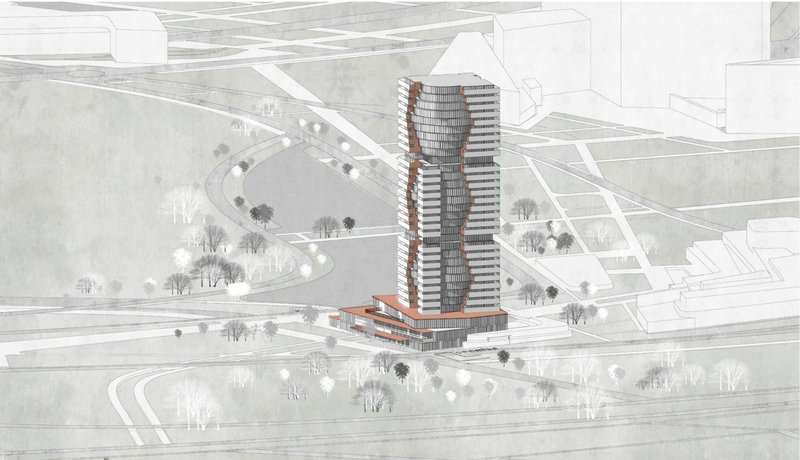 Aerial rendering of a tall residential tower with alternating red and grey facade bands rising above a low podium