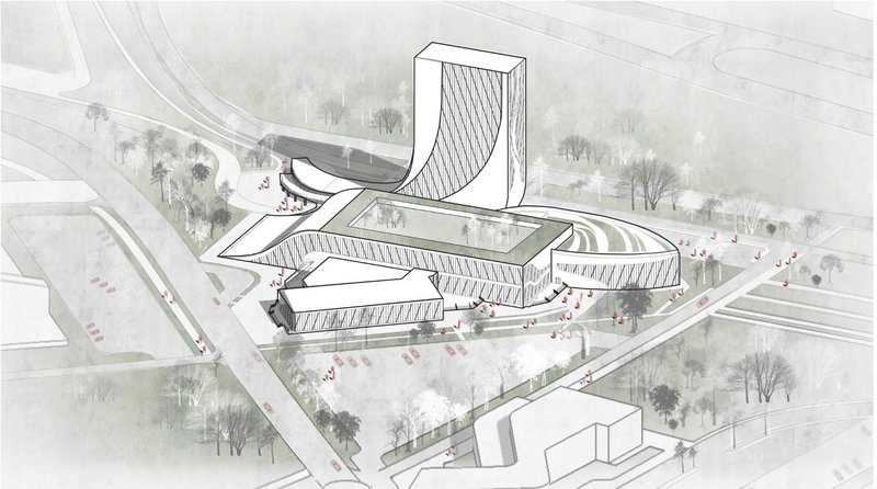 Aerial view drawing of a sculptural complex featuring a curved tower and horizontal wings arranged around a central courtyard