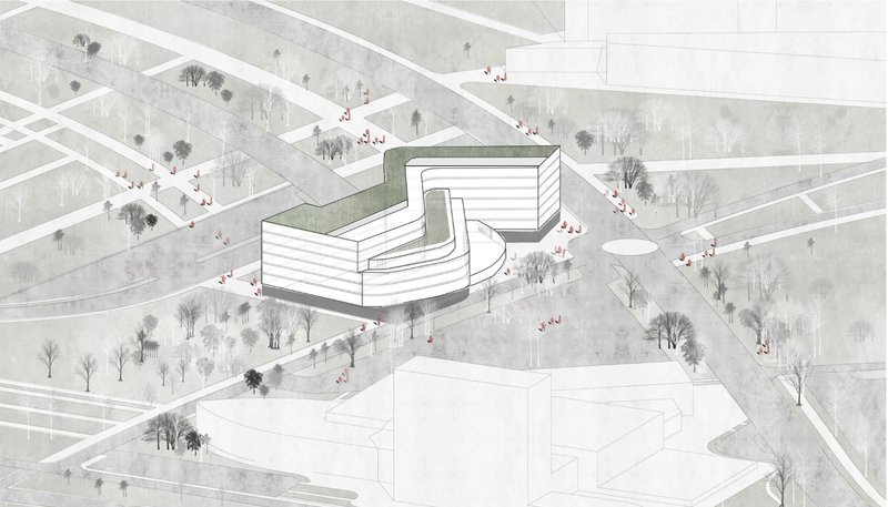 Aerial perspective drawing showing a three-lobed building with green roof surrounded by winter trees and pedestrian paths