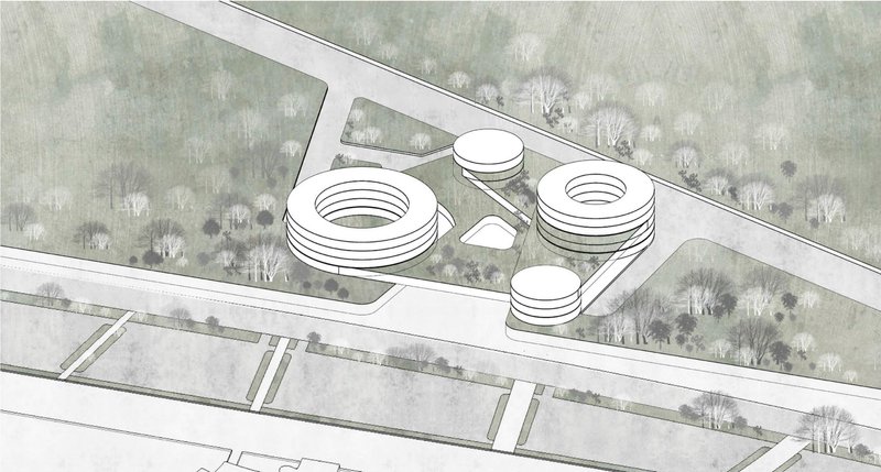 Site axonometric drawing depicting clustered circular volumes and flat-roofed structures within a landscaped setting