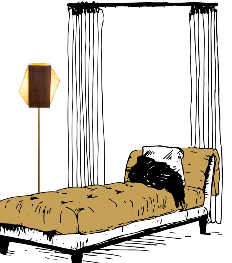 KHOFO floor lamp integrated within a minimal bedroom setting, highlighting sculptural form and warm ambient light.