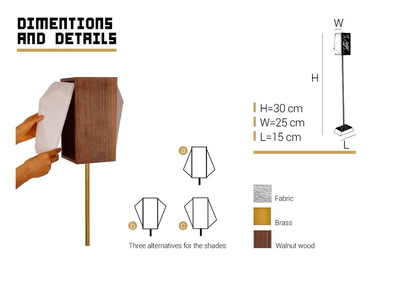 Exploded view of KHOFO lighting design showing dimensions, material composition, and interchangeable shade configurations.
