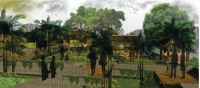 This architectural rendering showcases a tropical landscape design with wooden structures and lush v