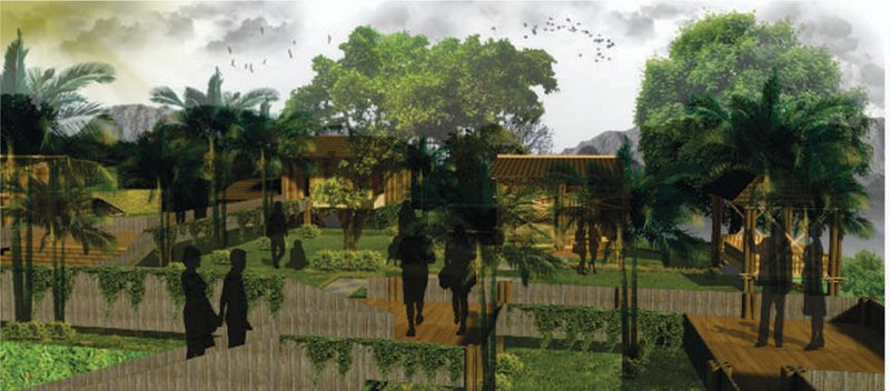 Terraced public spaces and lightweight pavilions forming the social heart of the tourist base-camp within the hill context.