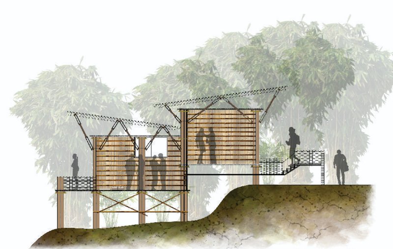 Shop prototype section showing modular bamboo architecture elevated to adapt to slope and seasonal conditions.
