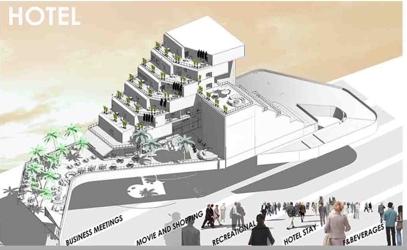 Stepped hotel volumes shaping the urban edge while activating the ground plane with commerce, leisure, and public interaction.