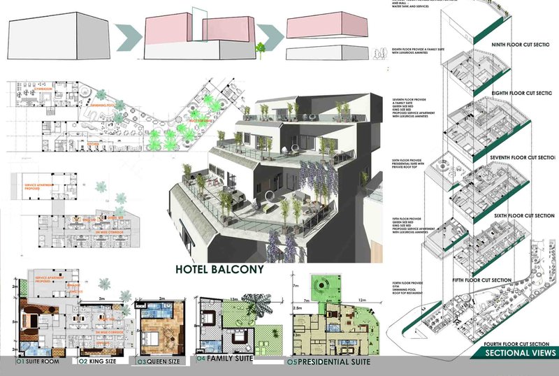 Terraced hotel balconies and diverse room typologies enhancing light, views, and indoor–outdoor living in a dense urban setting.