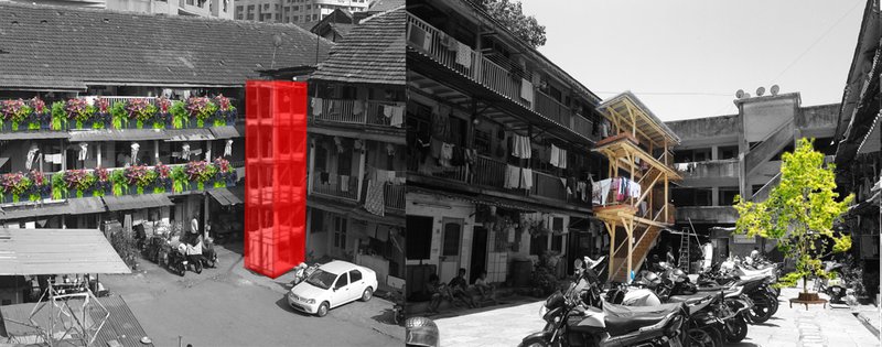 Neighbourhood retrofit proposal introducing vertical accessibility and senior-friendly housing within an existing Mumbai courtyard.