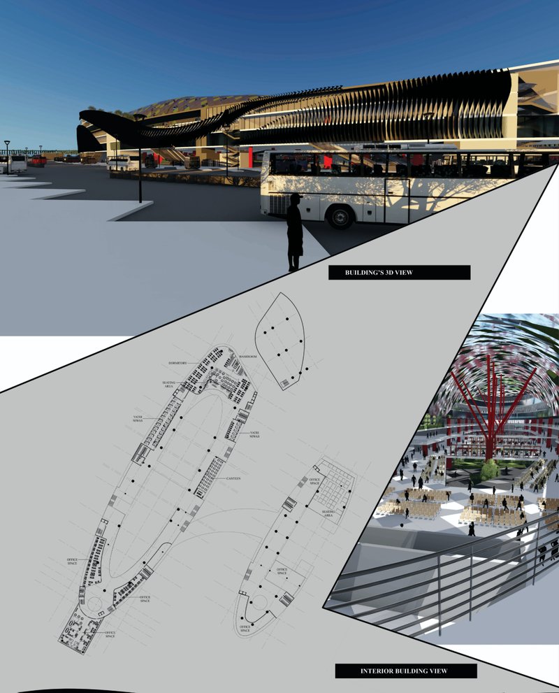 Expressive terminal façade with climate-responsive shading and dedicated bus circulation bays.