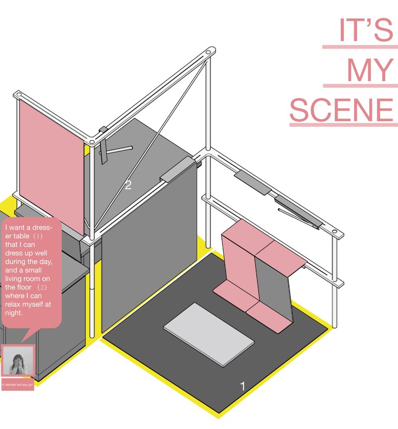 A modular interior framework forming flexible living scenes through adjustable structure and functional accessories.