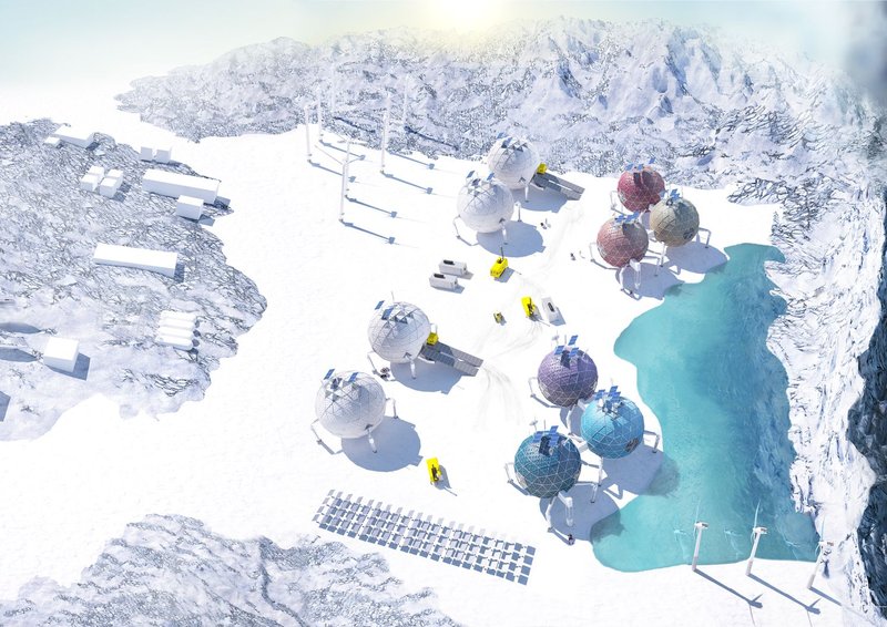 Aerial view of the mobile polar station network positioned within the Antarctic ice landscape.