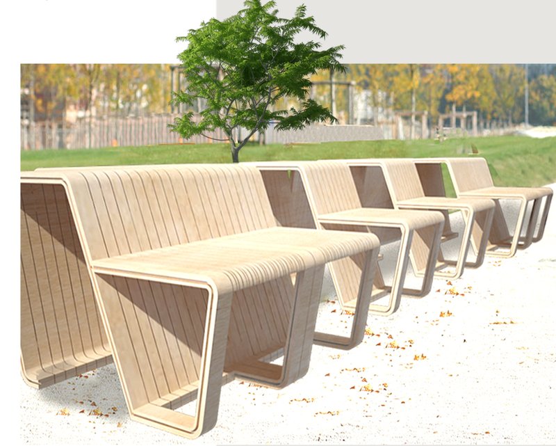 Linear deployment of Urban Criss modules creating a continuous seating edge along a landscaped public path.