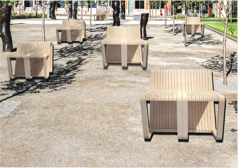 Individual Urban Criss seating modules distributed across an urban plaza to encourage pause, rest, and informal interaction.