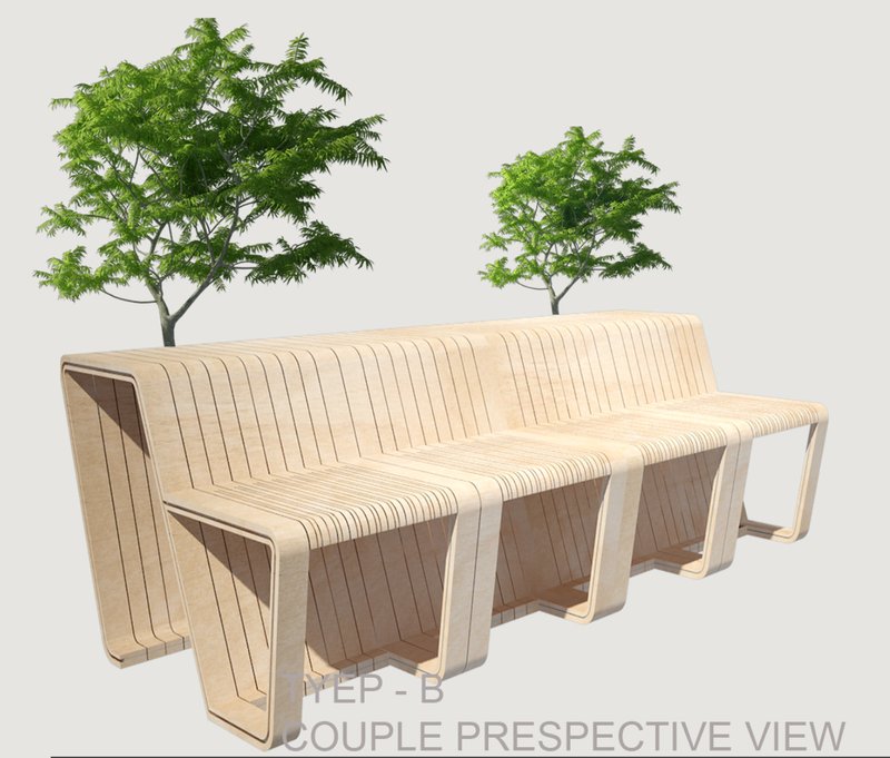 Couple seating configuration demonstrating ergonomic proportions and shared seating within a modular urban furniture system.