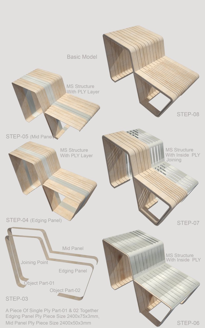 Modular fabrication sequence showing bent plywood panels layered over a structural frame to form the Urban Criss seating unit.