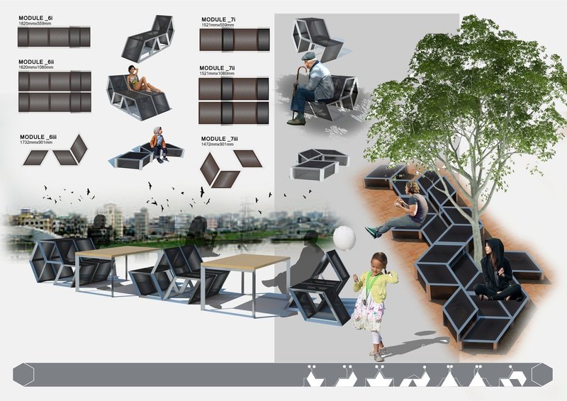Conceptual module variations illustrating flexible seating arrangements for different age groups and social activities in public space.