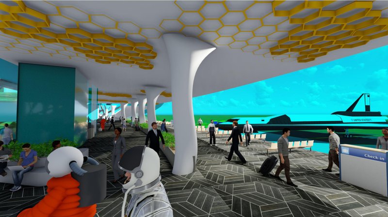 Public departure hall overlooking spacecraft bays, blending civilian and astronaut circulation.