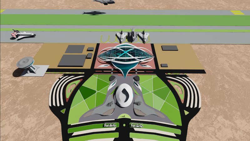 Aerial master plan illustrating runway alignment, terminal geometry, and operational zoning.