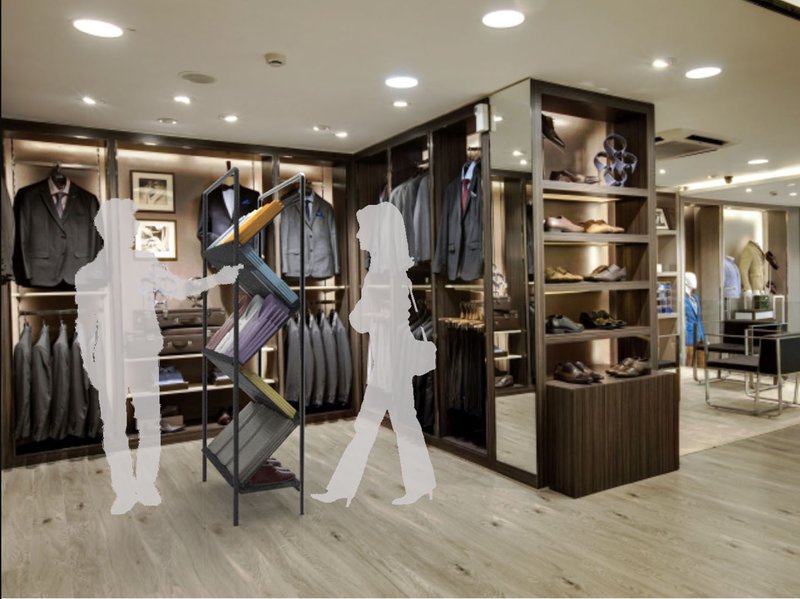 Compact modular shelving system integrated seamlessly within a contemporary store layout.