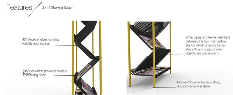 Key features of the OBLIQUE Bookcase, highlighting angled shelves, structural tie members, and stability details.