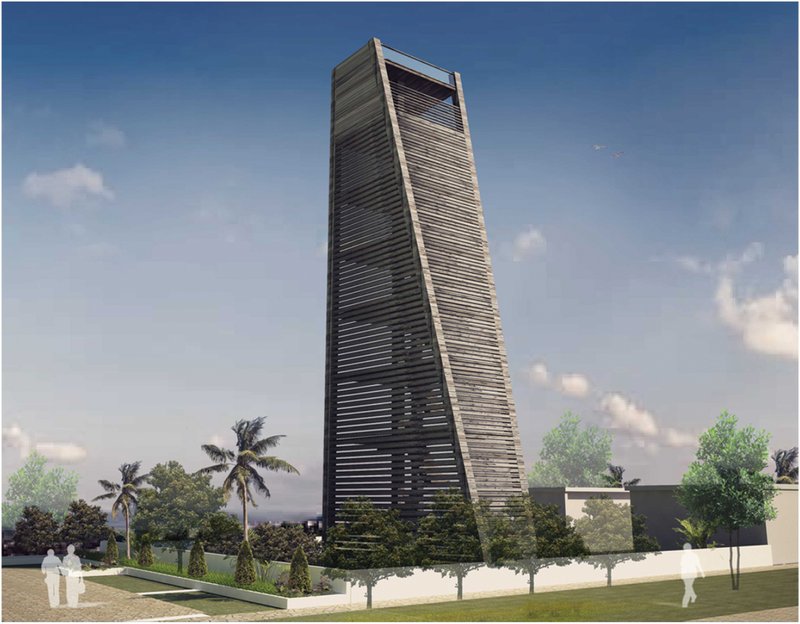 A vertical observation tower acting as a visual marker and orientation point within the research campus.