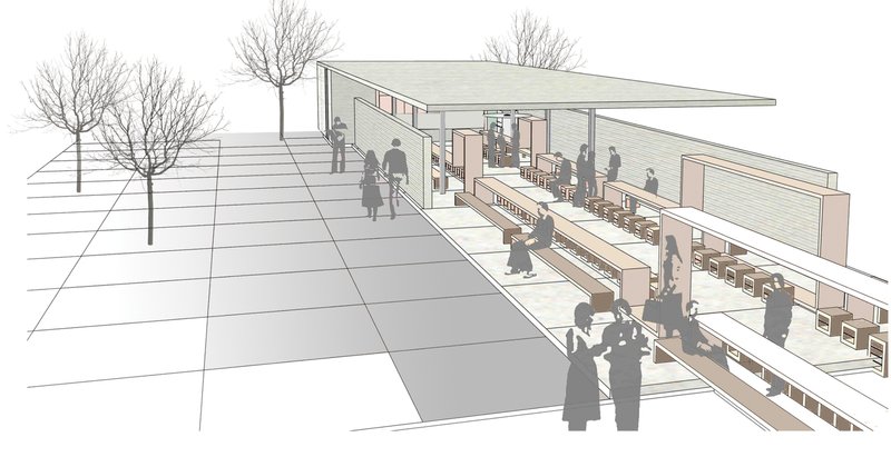 Linear public pavilion designed for gathering, orientation, and informal learning within the landscape.