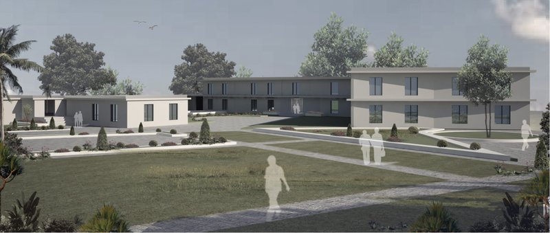 Low-rise research and administrative blocks organized around open green courtyards.