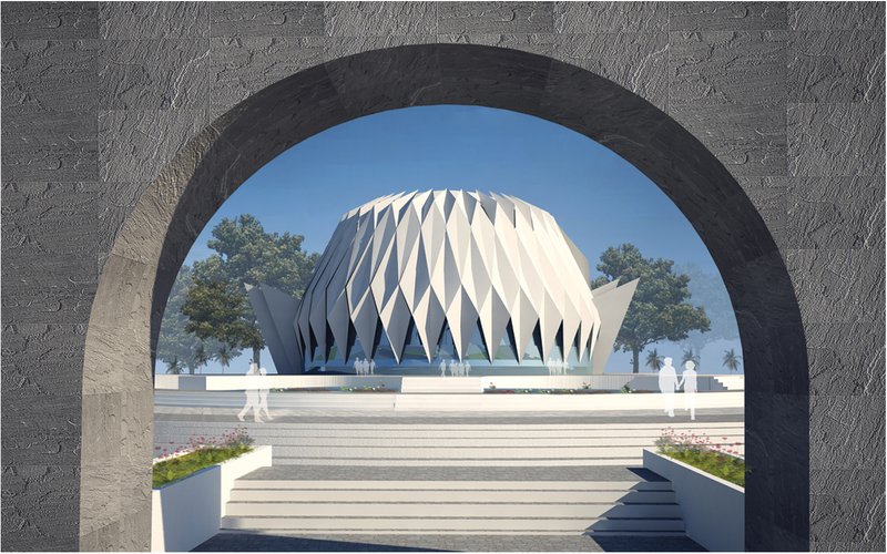 The planetarium dome expressed as a geometric form inspired by cosmic and geological phenomena.