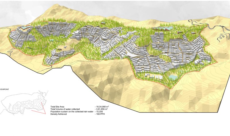 Overall masterplan view highlighting compact urban clusters embedded within forested landscapes and natural drainage systems.