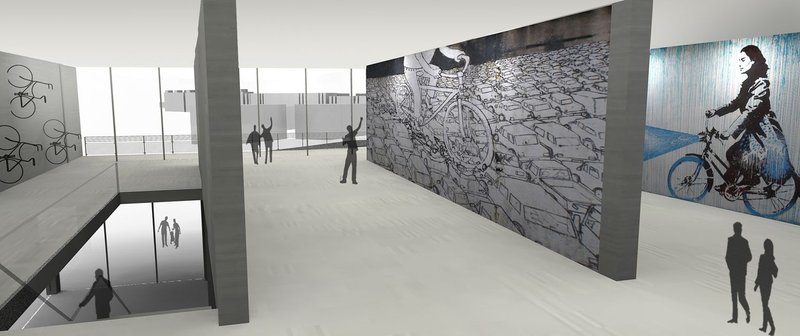 A multi-level interior conceived as a continuous urban promenade.