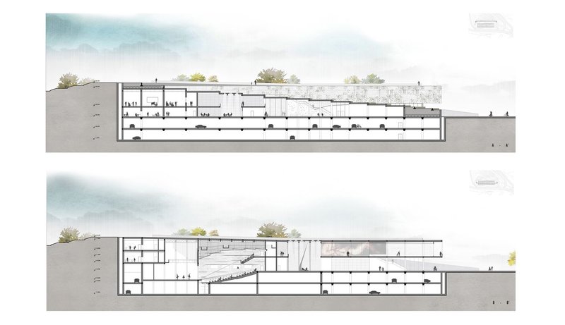 Sectional studies revealing the integration of galleries, public spaces, and underground infrastructure.