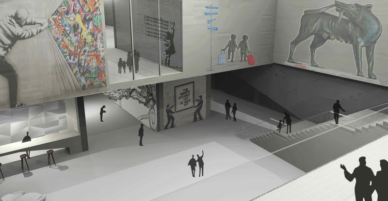 Street art reinterpreted indoors through open, flexible exhibition spaces.