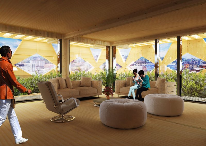 Interior communal lounge showcasing natural wood construction and panoramic city views.